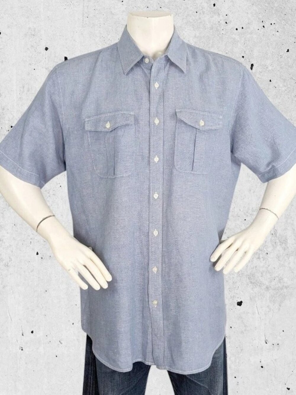 Eddie Bauer Blue Chambray Shirt Size Large Tall Linen Blend